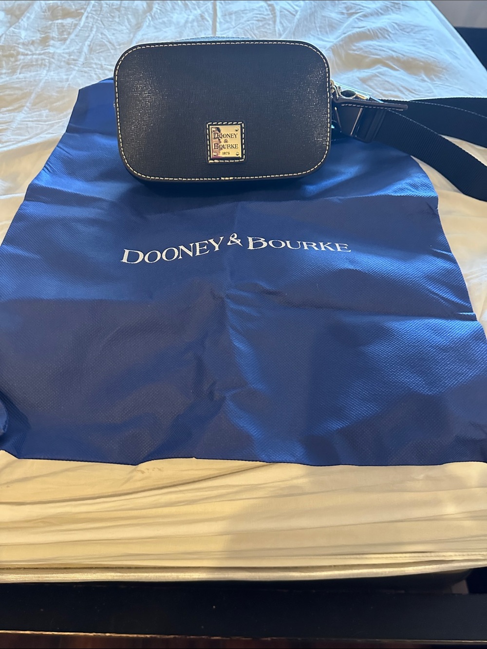 Dooney & Bourke Black Pebbled Crossbody BELT  Bag with White Topstitch belt bag